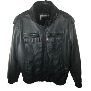 NWT Levis Mens Faux Leather Aviator Jacket Size XL Military Epaulet Black Winter